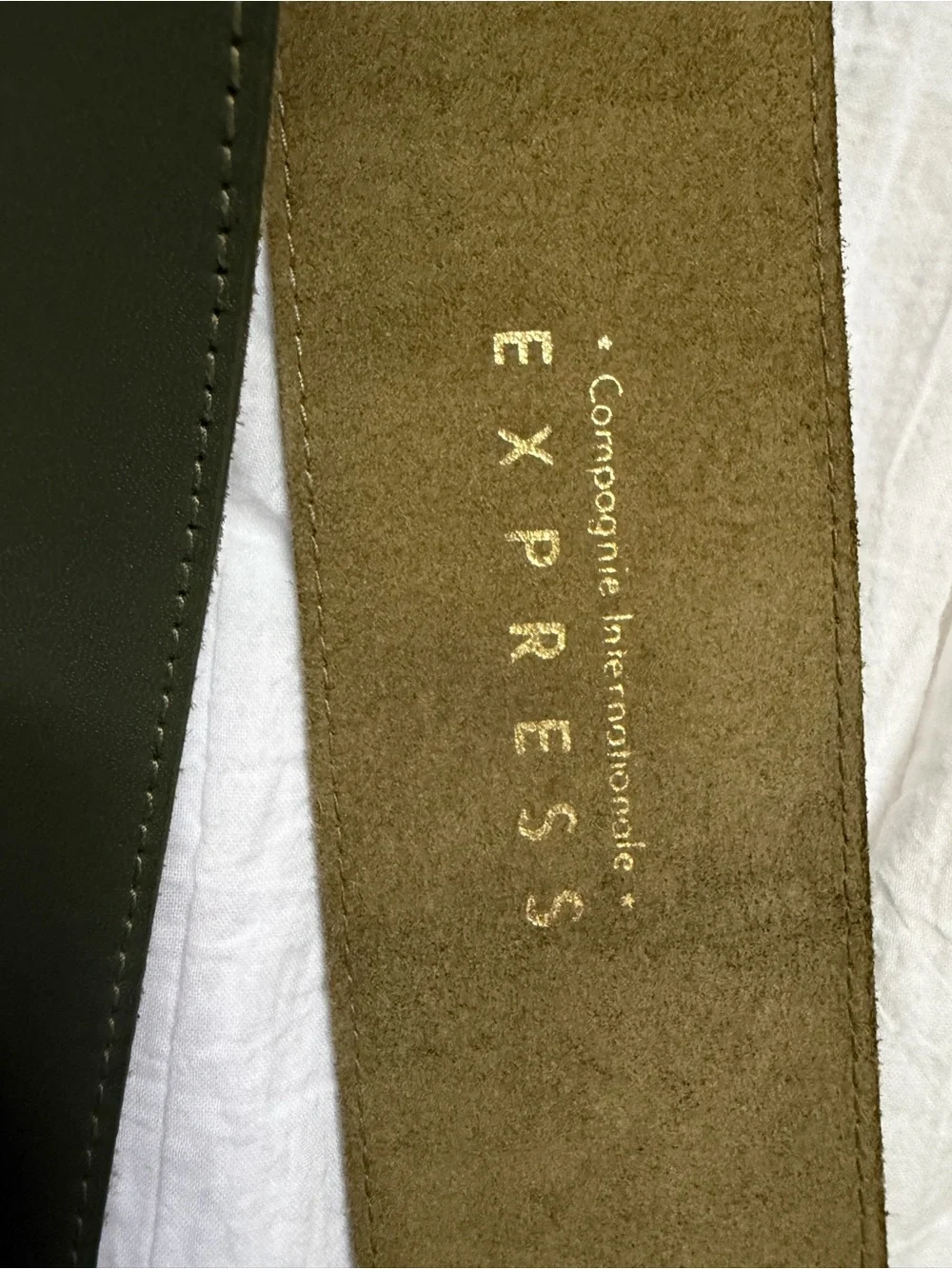Express belt green leather strap brass buckle inlaid with mother of pearl size M